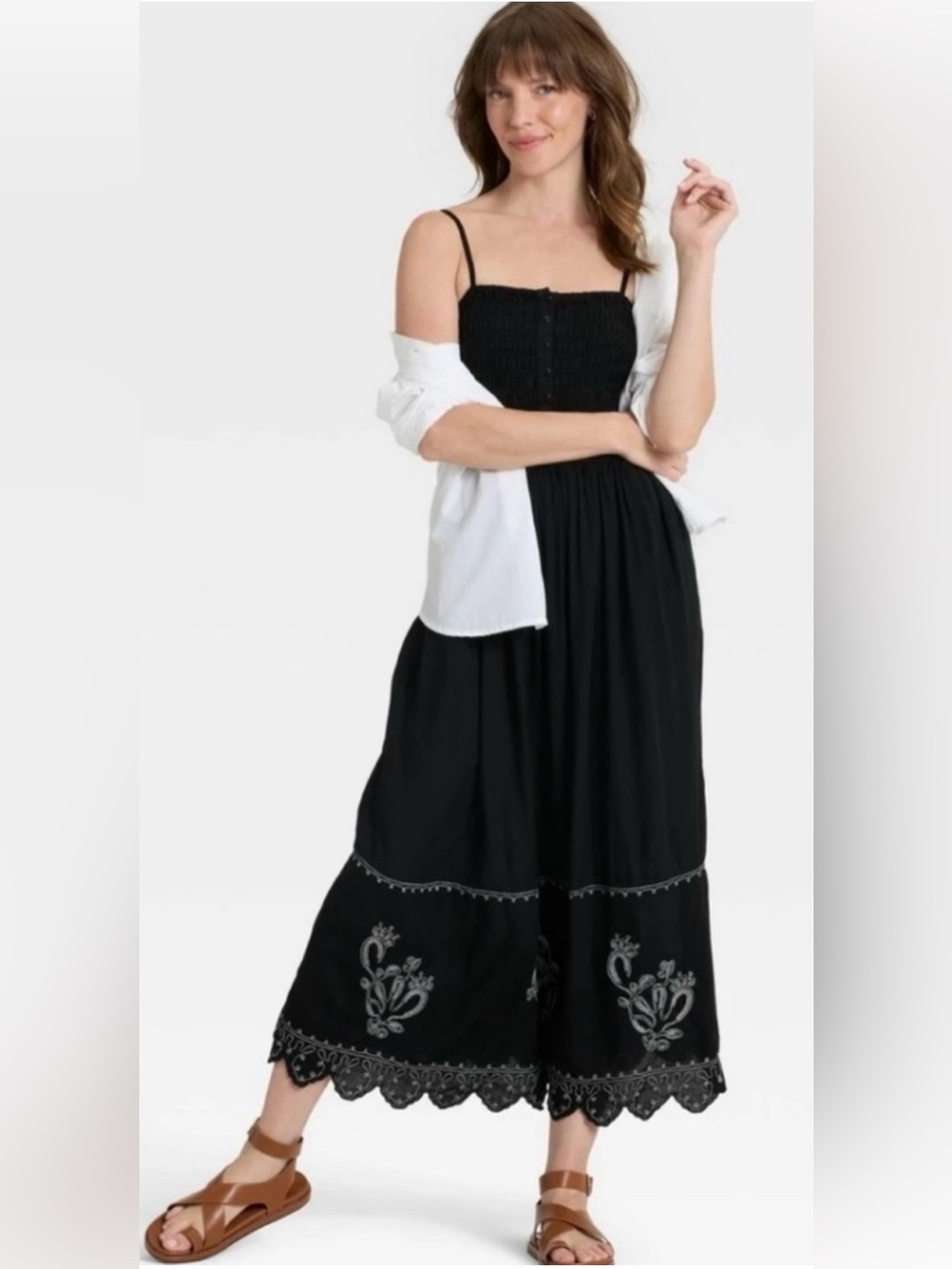 NWT XS Universal Thread Black Smocked Tiered Maxi Dress with Embroidered Hem